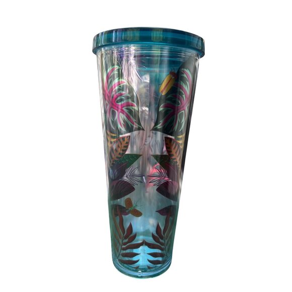 Starbucks Tropical Leaves Venti Cold Cup With Lid 24 Oz Colorful Double-Wall Acr - Picture 2 of 4